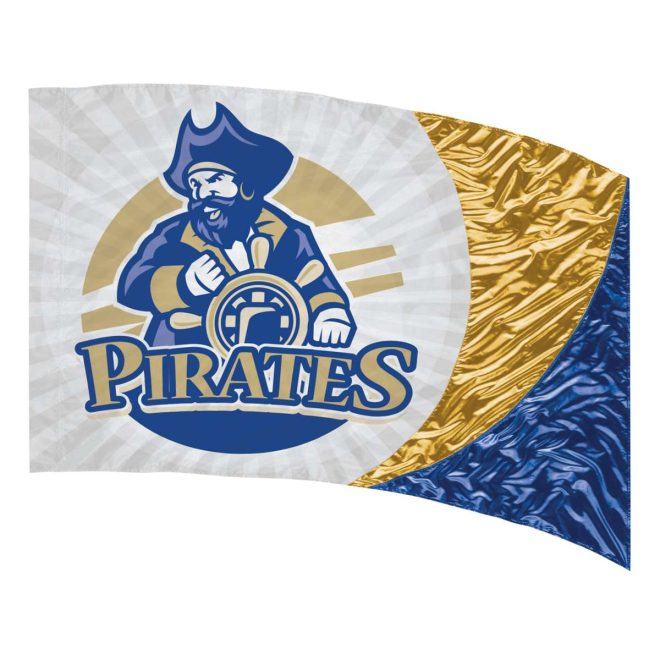 custom blue, gold and pirate mascot printed color guard flag