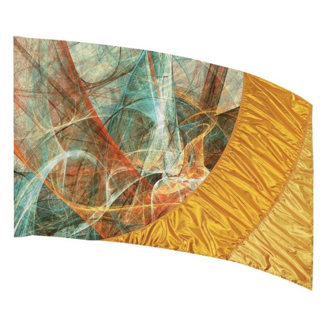 custom yellows and printed blue, orange, and black swirls color guard flag