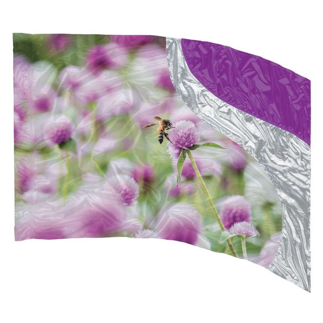 custom purple, silver and printed purple flowers with green stems and a bee color guard flag
