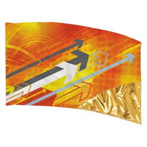 hybrid color guard flag with orange and yellow background with array of arrows and small section of gold