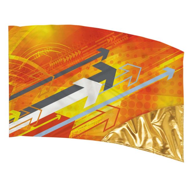 custom gold and printed arrows on orange color guard flag