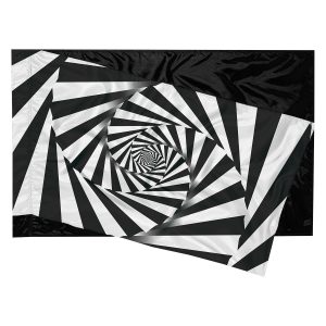 hybrid color guard flag with hypnotic black and white swirl and sections of black