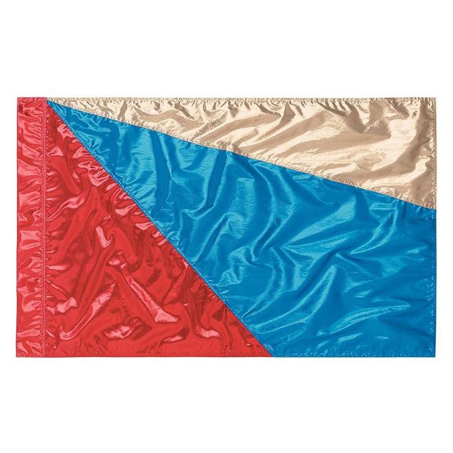 custom red, blue, and gold color guard flag