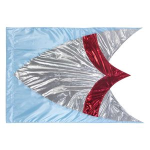custom blue, silver, and red color guard flag