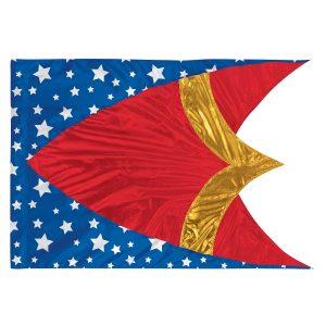 hybrid color guard flag patriotic with section of blue with white stars, section of red and chevron of gold