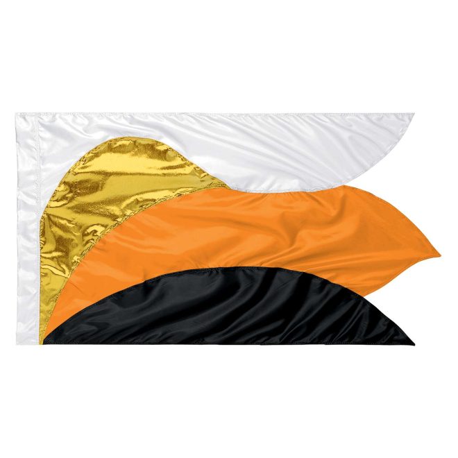 custom white, gold, orange and black color guard flag