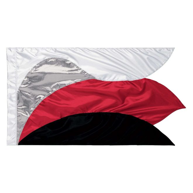 custom white, silver, red and black color guard flag