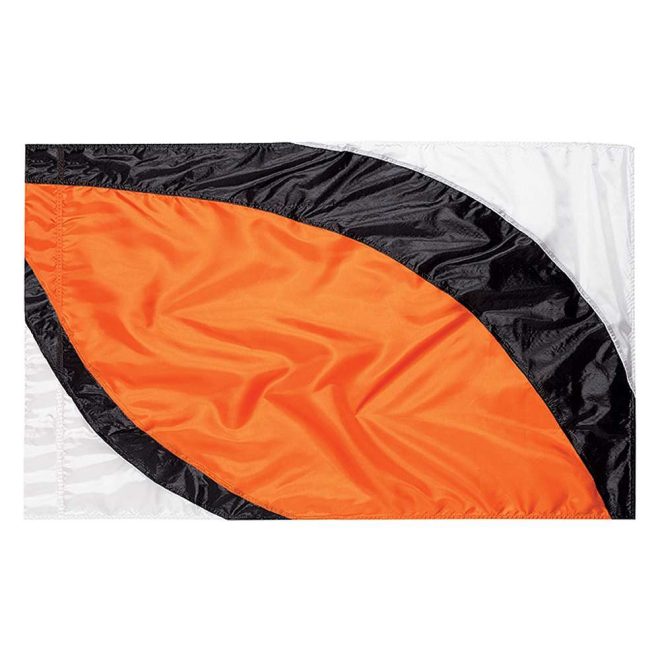 custom orange, black, and white color guard flag
