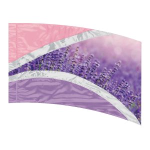 hybrid color guard flag with sections of purple and pink and a section of a field of lavender separated by silver strips