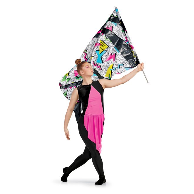 hybrid color guard flag with sections of black and sections of colorful 80s pattern held by performer in pink and black uniform