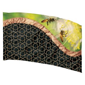 hybrid color guard flag with section of black with gold geometric shapes and a section of bees on a flower with green background separated by gold strip