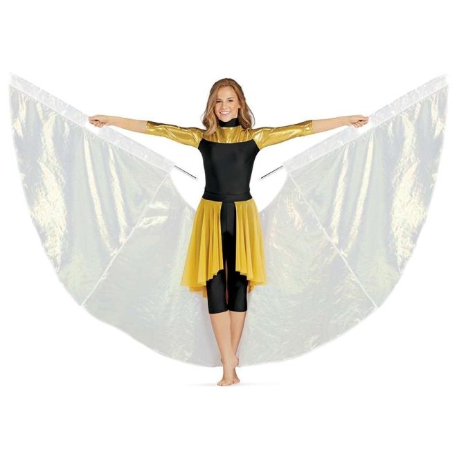 custom iridescent ice wing shown with performer wearing black and gold uniform front view