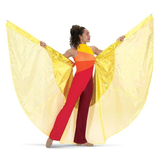 custom yellow iridescent ice with yellow lame color guard wing shown with performer wearing red, orange, and yellow uniform front view