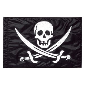 black background with skull and crossed swords pirate logo printed color guard flag