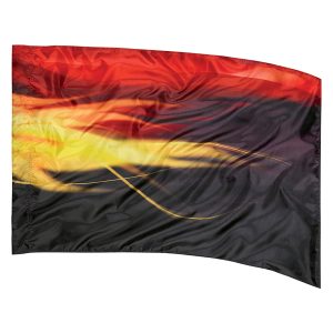 black background with wisps of yellow and red printed color guard flag