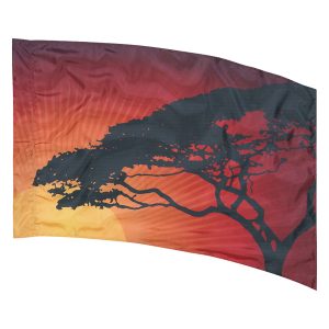 sun with streaks of orange changing into maroon with black savanna tree printed color guard flag