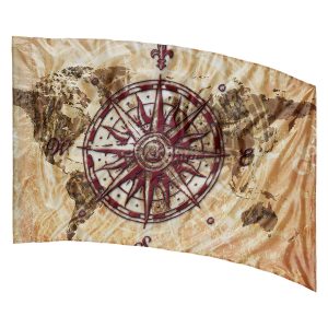 tan background with brown world map and maroon compass printed color guard flag