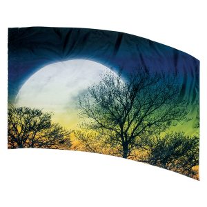 navy sky with white moon with brighter sky below of yellow and green with black trees printed color guard flag