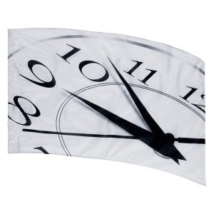 white clock with black numbers focused on left side of clock printed color guard flag