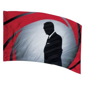 man in suit silhouette on grey background with red swirls printed color guard flag