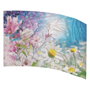 spring flowers of daisies and cherry blossoms on background of blue sunny sky printed color guard flag