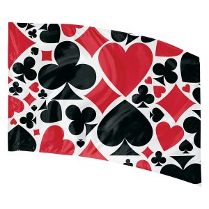 white background with red and black playing card suits in different sizes all over printed color guard flag