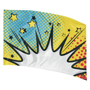 superhero action bubble with yellow background with red and red dots and yellow stars printed color guard flag