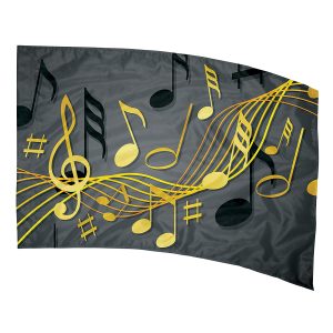 dark grey background with gold and black music notes printed color guard flag