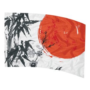 black bamboo and leaves with red sun on white background printed color guard flag