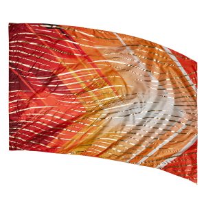 red, orange and white chevron streaks with gold whisps all over genesis color guard flag
