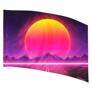 pink/yellow sun with purple sky, mountains and road printed color guard flag