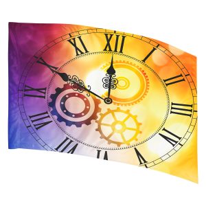 rainbow gradient background with black clock with gears, hands, and roman numerals