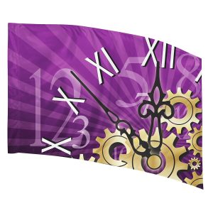 purple radiant streaks with gold gears and black clock hands with numbers and roman numerals printed color guard flag