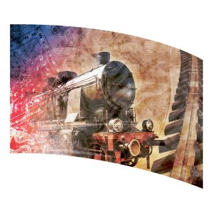 train and track with rainbow bandana pattern in background into brown background printed color guard flag