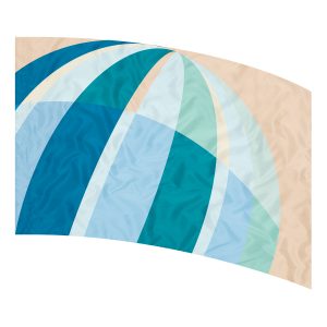cream background with portion of globe made up of blocks of different shades of blue printed color guard flag