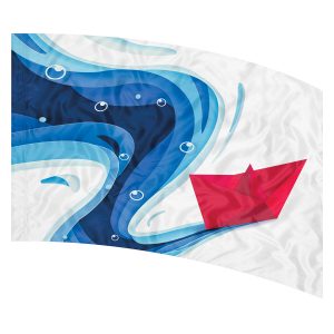 white background with red paper boat sailing on water and turning its path blue printed color guard flag