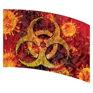 red background with orange viruses and biohazard symbol printed color guard flag