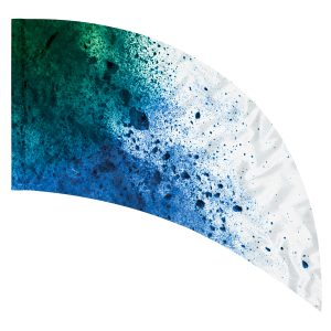 white background with green and blue splattered printed color guard curve swing flag