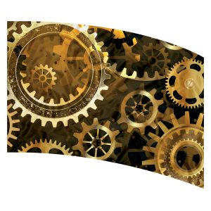 black background with gold gears printed color guard flag