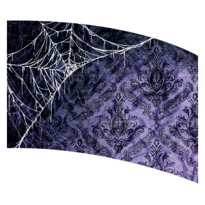 purple background with black filigree pattern and white spiderweb over portion printed color guard flag