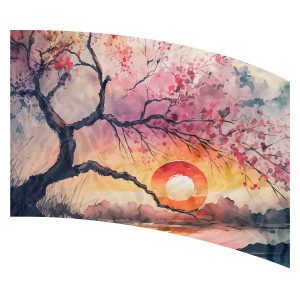 Tree with colorful leaves with colorful sunset and mountains in distance printed color guard flag