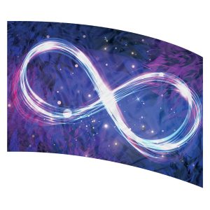 Blue and pink background with white infinity printed color guard flag