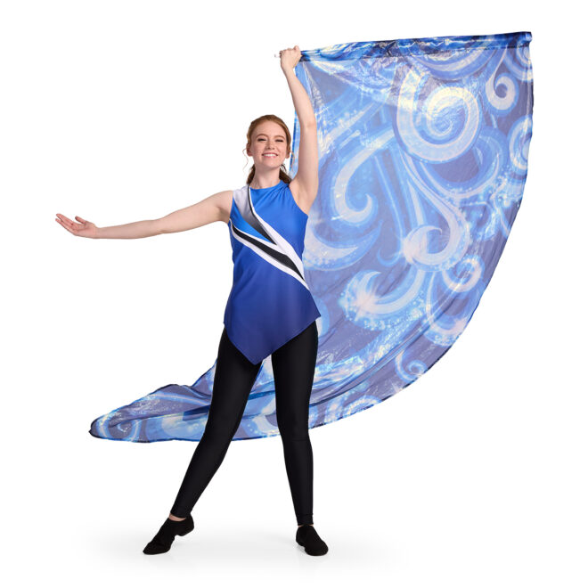 model swinging a flag wearing a blue to navy gradient asymmetric color guard tunic over black leggings, front view
