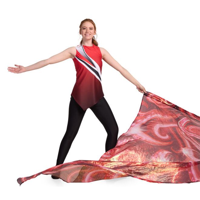 model swinging a flag wearing a red to burgundy gradient asymmetric color guard tunic over black leggings, front view
