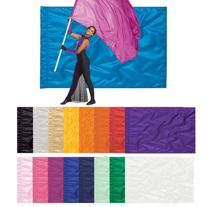 color selection of In Stock Giant Poly China Silk Flag with a model holding a magenta flag on a pole