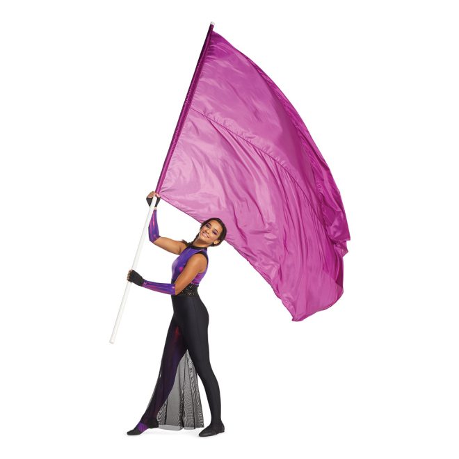 model posing with a magenta In Stock Giant Poly China Silk Flag