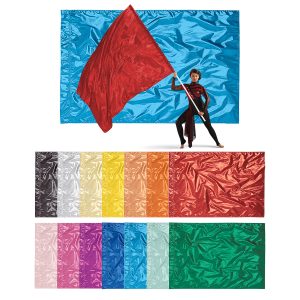 color selection of In Stock Giant Lamé Flags with a model holding a red flag on a pole