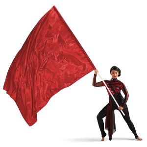 model posing with a red In Stock Giant Lamé Flag