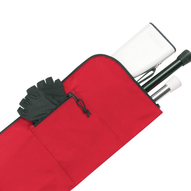 red personal guard equipment bag filled with poles, rifles, and gloves