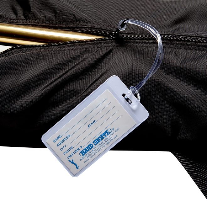 8ft flag pole bag black close up of zipper and name tag. Gold poles inside